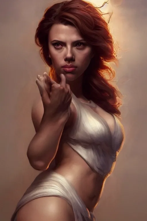 Prompt: Scarlett Johansson is a Greek Goddess , anatomy, only two hands, highly detailed, digital painting, artstation, concept art, smooth, sharp focus, illustration, Unreal Engine 5, 8K, art by art by artgerm and greg rutkowski and edgar maxence