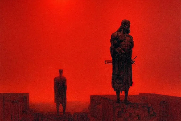 Image similar to only with red, caesar after war, a red tiger, in hoc signo vinces, rome in background, an ancient path, in the style of beksinski, part by hopper, part by rodcenko, part by hofbauer, intricate composition, red by caravaggio, insanely quality, highly detailed, masterpiece, red light, artstation