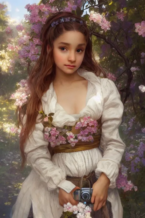 Image similar to miniature cottagecore tiny Ariana Grande , tilt shift photography, miniature world, elegant, highly detailed, digital painting, artstation, concept art, smooth, sharp, focus, illustration, art by artgerm and greg rutkowski and alphonse mucha