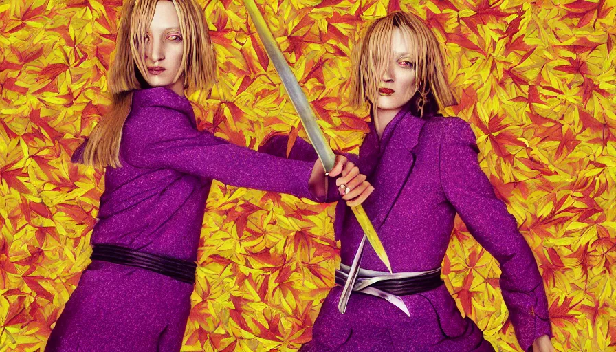 Prompt: breathtaking detailed pattern pastel colors of uma thurman ( kill bill ) in yellow suit, with katana sword and autumn leaves, by hsiao - ron cheng, bizarre compositions, exquisite detail, enhanced eye detail
