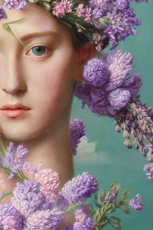 Prompt: hyperrealism close-up mythological portrait of a huge number of lavender flowers merged with with female, turquoise palette, pale skin, wearing pink silk robe, in style of classicism