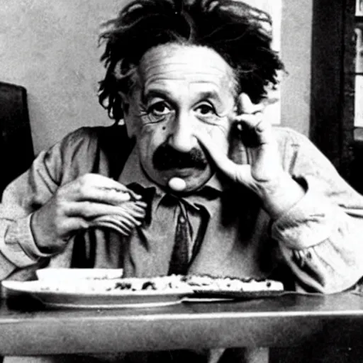 Prompt: albert einstein eating an impossible whopper from burger king