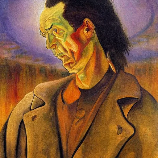 Prompt: a symbolist painting of a powerful alien president in the style of Jacek Malczewski, corrupt power