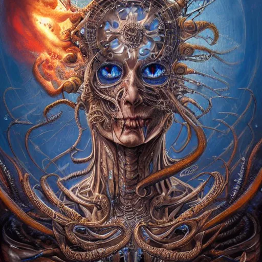 Image similar to A beautiful detailed cyborg tarot card, by tomasz alen kopera and Justin Gerard, symmetrical features, ominous, magical realism, texture, intricate, ornate, royally decorated, mechanic, skeleton, whirling smoke, embers, red adornements, blue torn fabric, radiant colors, fantasy, trending on artstation, volumetric lighting, micro details, 3d sculpture, ray tracing, 8k, anaglyph effect, digital art