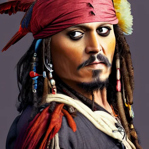 Image similar to jack sparrow with a parrot on the shoulder, realistic portrait, 8k resolution, hyper detailed, studio lighting, cinematic