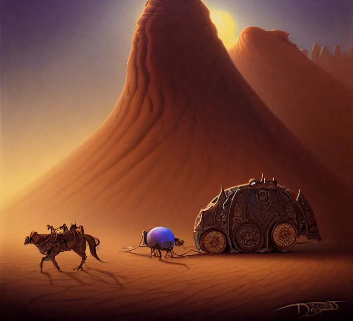 Prompt: subsurface scattering, a desert caravan rests at an oasis, the art of athas and dark sun, brom's dark sun art on a 7 0's style fantasy novel cover, oasis in desert, digital painting by brom, amazingly detailed d & d art, concept art, intricate details, beautiful, volumetric lighting, ultrarealistic, cgsociety, artstation