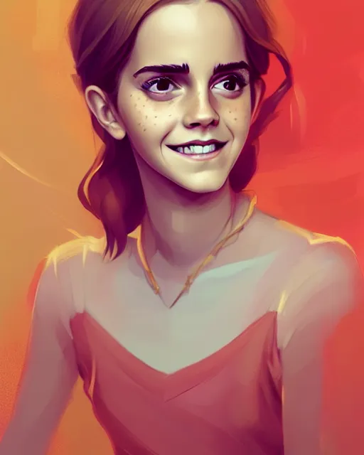 Image similar to a portrait of a beautiful full body Emma Watson smiling, pretty gold and red dress, art by lois van baarle and loish and ross tran and rossdraws and sam yang and samdoesarts and artgerm, digital art, highly detailed, intricate, sharp focus, Trending on Artstation HQ, deviantart, unreal engine 5, 4K UHD image