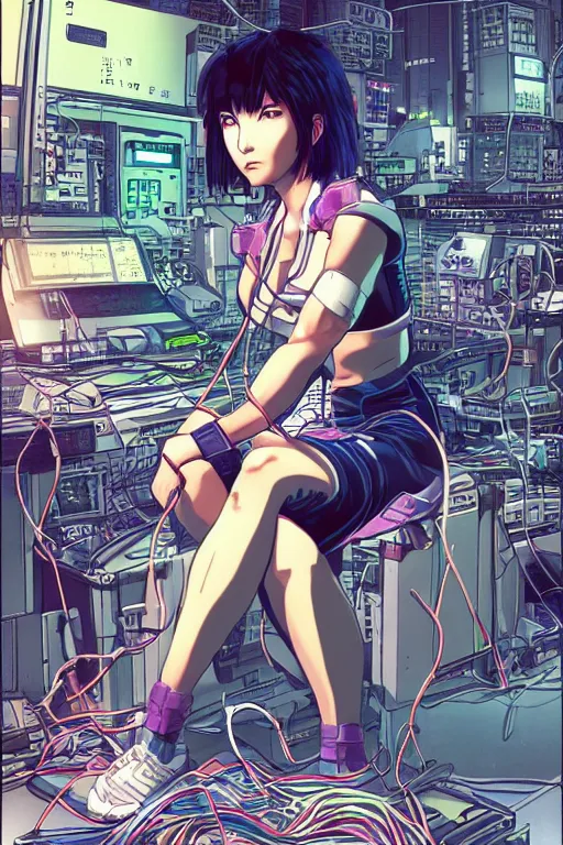 Image similar to hypedetailed cyberpunk illustration of motoko kusanagi seated in the lab, with wires and cables coming out of her head and back, by masamune shirow and katsuhiro otomo, colorful, detailed, back view