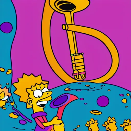 Image similar to Lisa Simpson falling into a giant saxophone, psychedelic art, uhd, matte painting