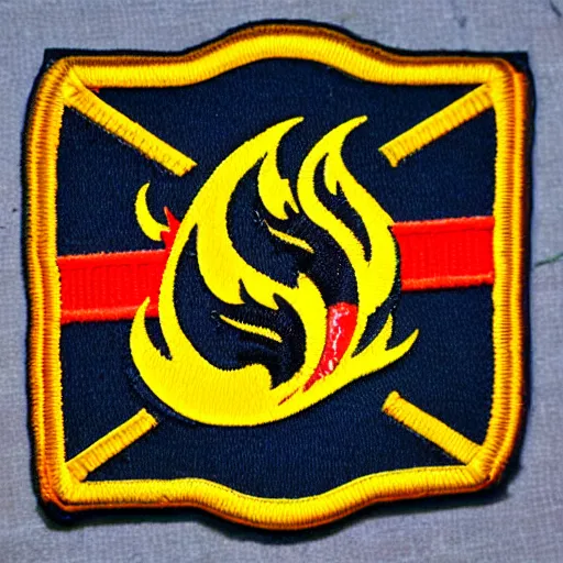 Prompt: vintage roaring wild fire flame warning label patch