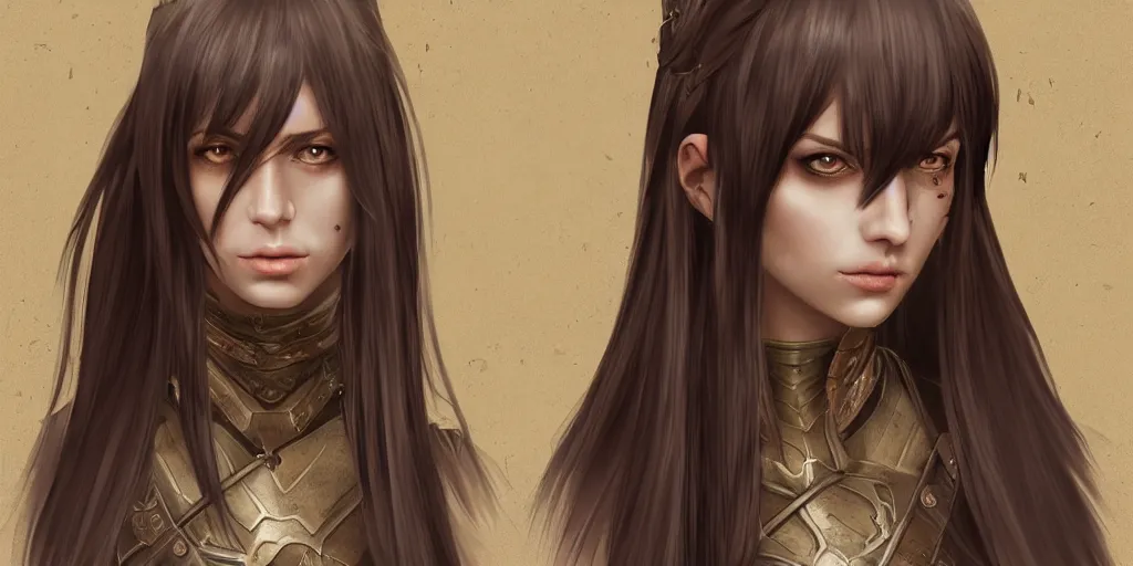 Image similar to 2 5 years old women : : dark straight hair : : brown medieval cloting, light armor, natural materials : : high detail, digital art, illustration, realistic, rpg, fantasy