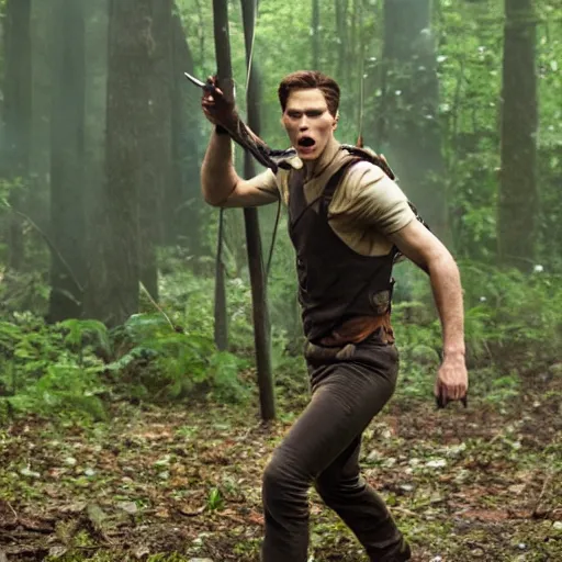 Image similar to Live Action Still of Jerma in The Hunger Games, real life, hyperrealistic, ultra realistic, realistic, highly detailed, epic, HD quality, 8k resolution, body and headshot, film still