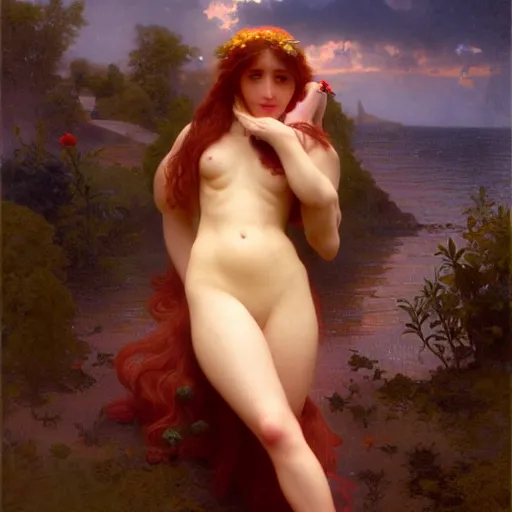 Prompt: a beautiful stunning interesting detailed fantasy whimsical matte digital portrait illustration of a mermaid with turqoise hair, and a yellow-orange and red-violet sunset, spectacular sunset, in the style of William Adolphe-Bouguereau and Marc Simonetti, magic the gathering, trending on artstation hq, contest winner