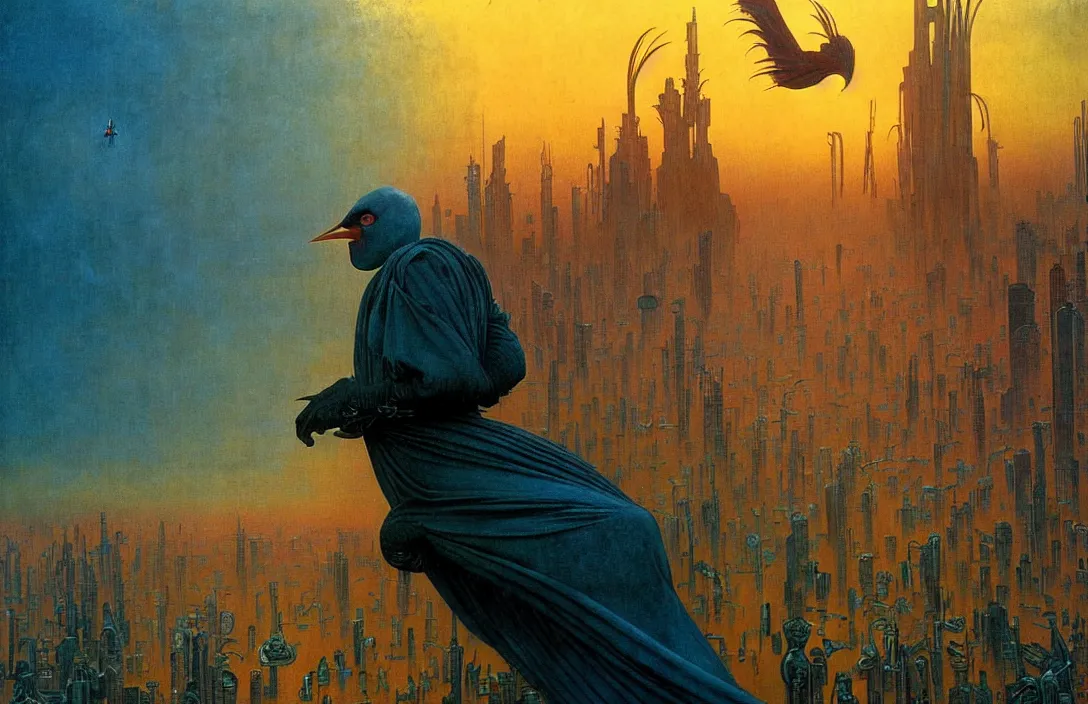 Image similar to realistic detailed portrait movie shot of a birdman wearing dark ragged robes, futuristic city sunset landscape background by denis villeneuve, amano, yves tanguy, alphonse mucha, ernst haeckel, max ernst, roger dean, rich moody colours, blue eyes