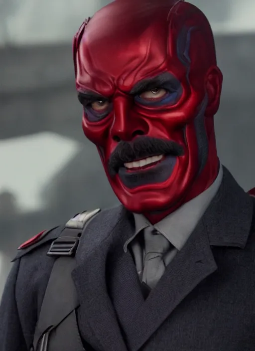 Image similar to movie still of tom selleck as red skull in the first avenger, 4 k