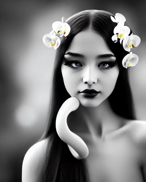 Image similar to black and white dreamy young beautiful veiled female artificial intelligence, realistic orchids ornament in the face, long hair are intricate with highly detailed realistic orchids, cinematic, rim light, bokeh, photo - realistic, elegant, high detail, 8 k, masterpiece, photo taken in 1 9 3 0