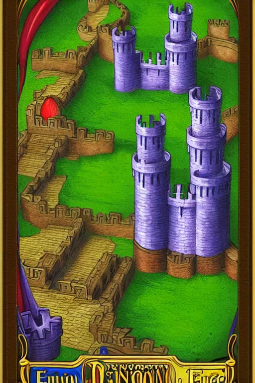 Image similar to dominion eurogame card showing a rainbow castle with a moat. fantasy deviantart