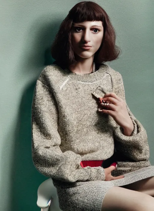 Prompt: a beautiful girl in a gucci sweater is creating a new city photographed by maurizio cattelan and pierpaolo ferrari with the art direction of micol talso for toiletpaper magazine