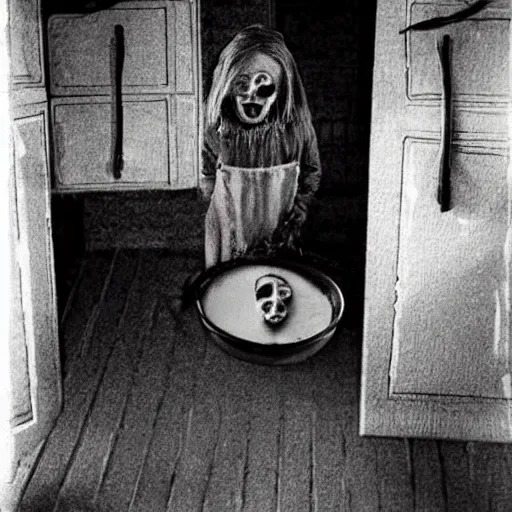 Prompt: the scariest character you can ever imagine, standing in the dark corner of a kitchen while watching a family eat, creepy, realistic, highly detailed, old photo