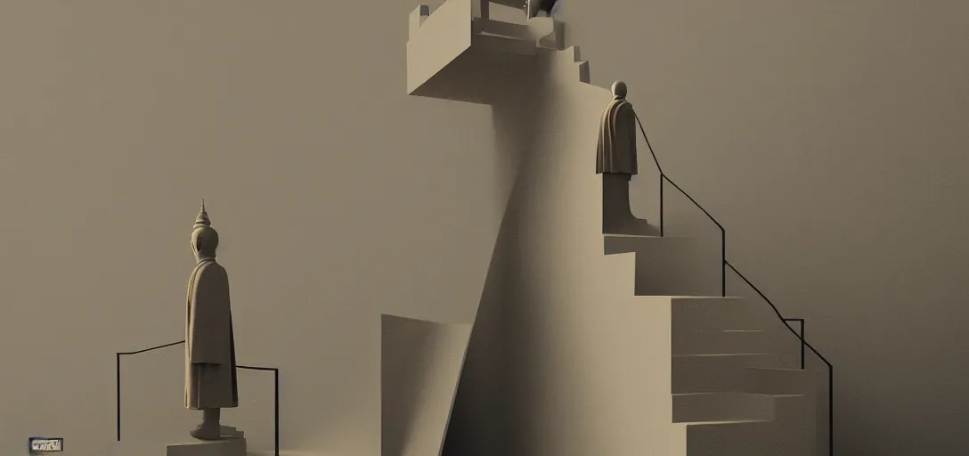 Prompt: 'buddhist monk a staircase' by marcel duchamp in the style of surrealism, 3d geometric abstract art, , rendered in octane highly detailed, intricate, sci-fi landscape, UHD, 4k, by rene magritte