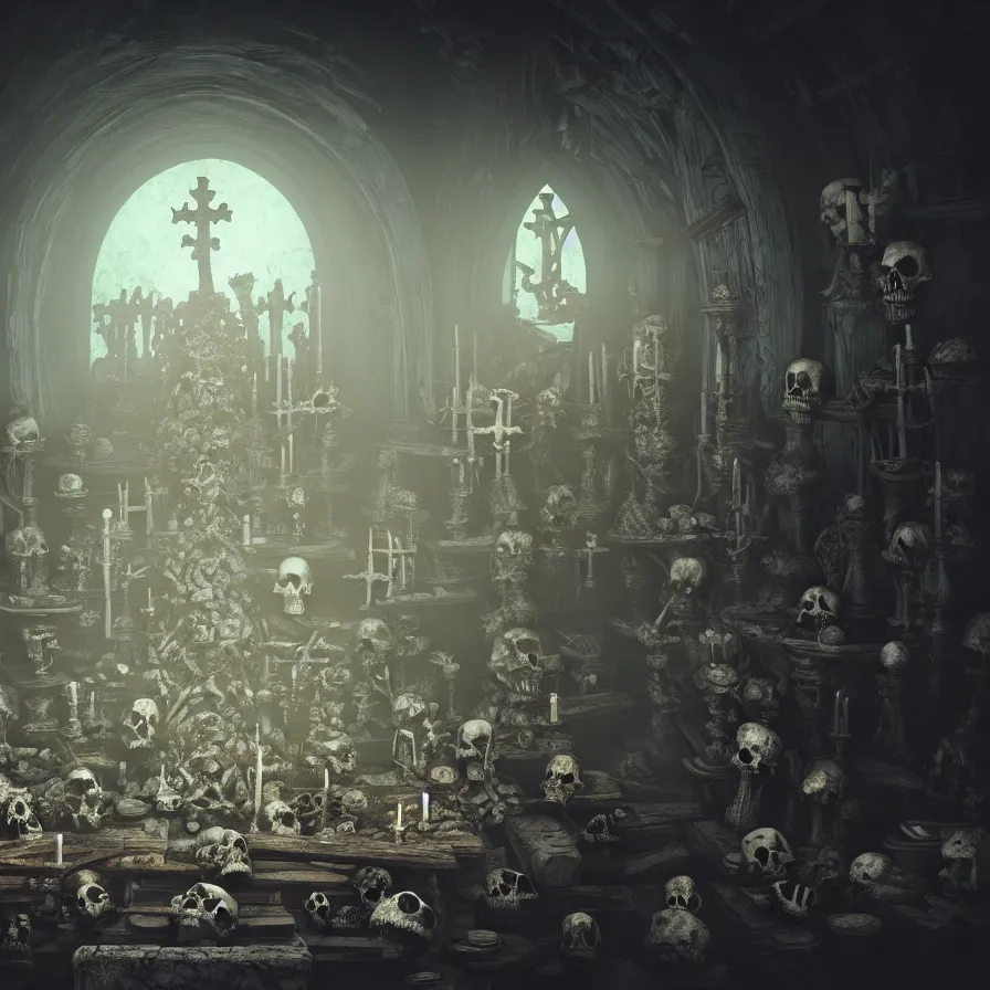 Image similar to full color, low ultrawide interior shot of sedlec ossuary, bones, anime style mixed with fujifilm, dark, foggy, atmospheric, artstation, cgsociety, octane render, cgi, denoise, detailed, cinematic masterpiece