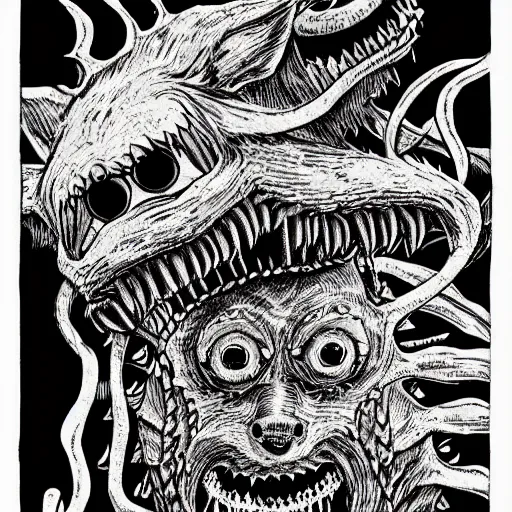 Image similar to a horrifying corgi demon with many eyes and many teeth, manga panel drawn by junji ito, kentaro miura, horror, dark fantasy, lovecraftian, intricate