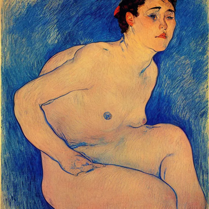 Image similar to portrait of a island woman. indigo blue, turquoise. henri de toulouse - lautrec, ferdand hodler, egon schiele, gauguin, kathe kollwitz