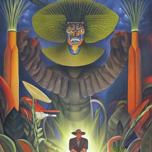 Image similar to high quality, high detail painting, dutch masterpiece, darryl mccray, film noir, diego rivera, high garden scene with quetzalcoatl at night, hd, muted lighting