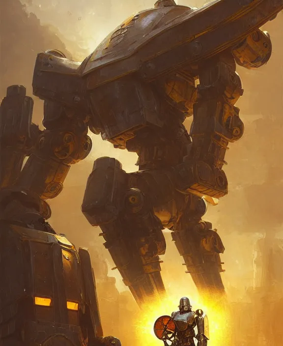 Image similar to human-sized strong intricate yellow pit droid holding large paladin medieval shield!!! and a long medieval engraved powerful great sword, pancake short large head painterly humanoid mecha, beautiful fantasy background by Greg Rutkowski