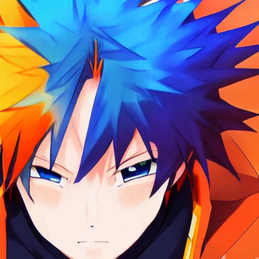 Prompt: orange - haired anime boy, 1 7 - year - old anime boy with wild spiky hair, wearing blue jacket, battle aura, aura, shibuya, blue sunshine, strong lighting, strong shadows, vivid hues, raytracing, sharp details, subsurface scattering, intricate details, hd anime, high - budget anime movie, 2 0 2 1 anime