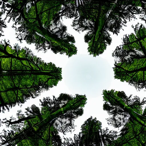 Image similar to looking up at the tops of trees in a forest, an ultrafine detailed painting by ( ( ( jon coffelt ) ) ), shutterstock contest winner, generative art, multiple exposure, fisheye lens, high dynamic range