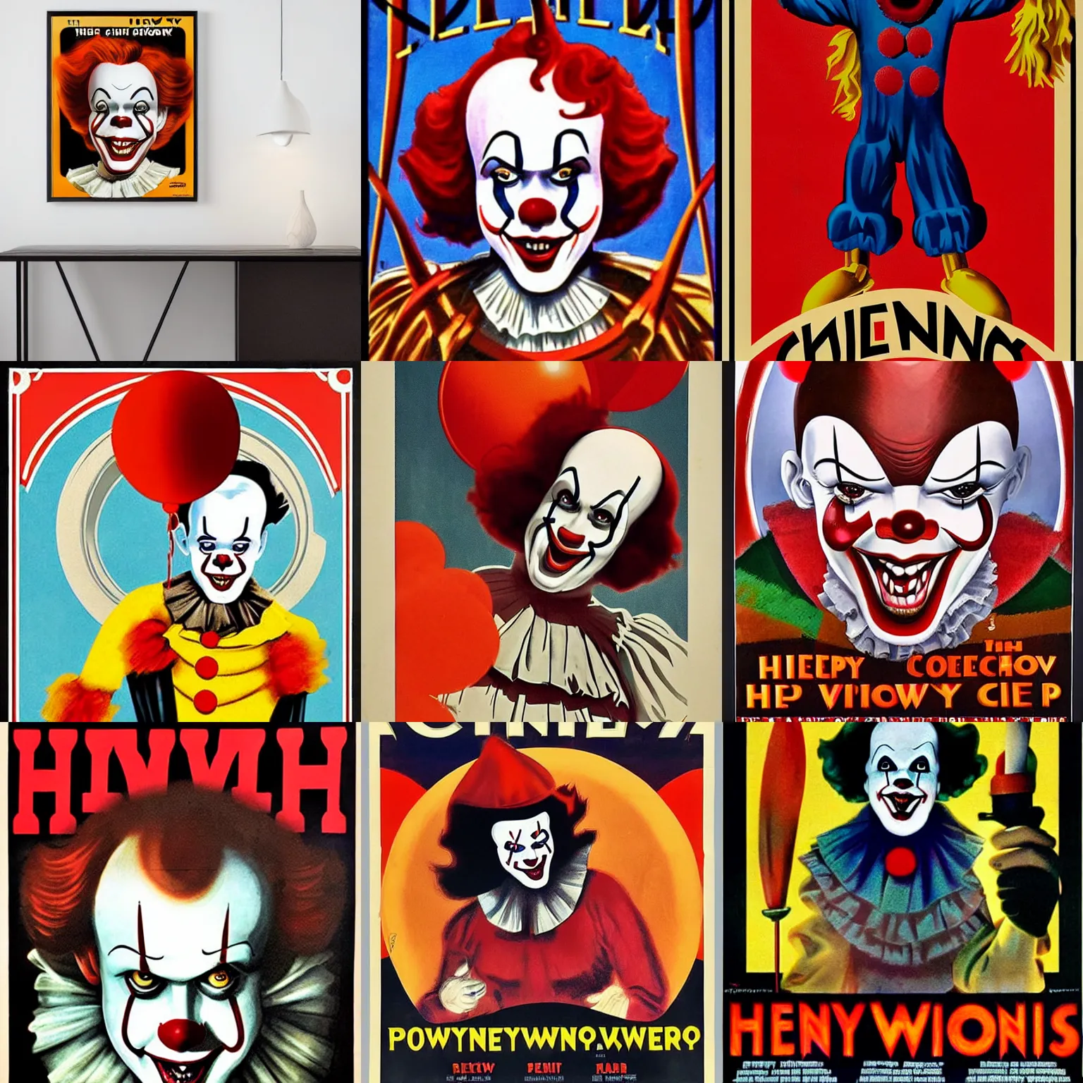 Prompt: art deco vintage movie poster of pennywise. movie called clown happy