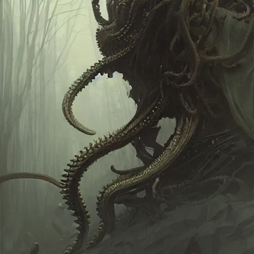 Image similar to epic hyperdetailed portrait of a haunting 🐙🕷 lurking in the shadows. by greg rutkowski, highly detailed portrait, rococo, digital painting, artstation, concept art, smooth, sharp foccus ilustration, artstation hq. intricate, elegant. art by wlop and artgerm and greg rutkowski and alphonse mucha, masterpiece. misty rainforest