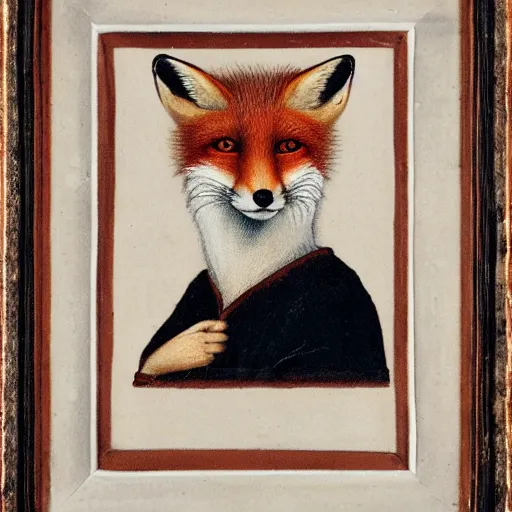 Prompt: a renaissance style portrait of the red fox (Vulpes vulpes) wearing the barretina, dark background