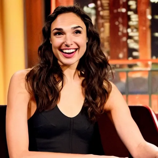 Image similar to gal gadot answering a question on a tv late night show