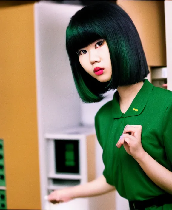 Image similar to asian girl, bobbed and bowl cut hair, pine green hair color, standing in a server room, wearing business casual dress, 4 k, vaporwave, cinecolor, perfect detail