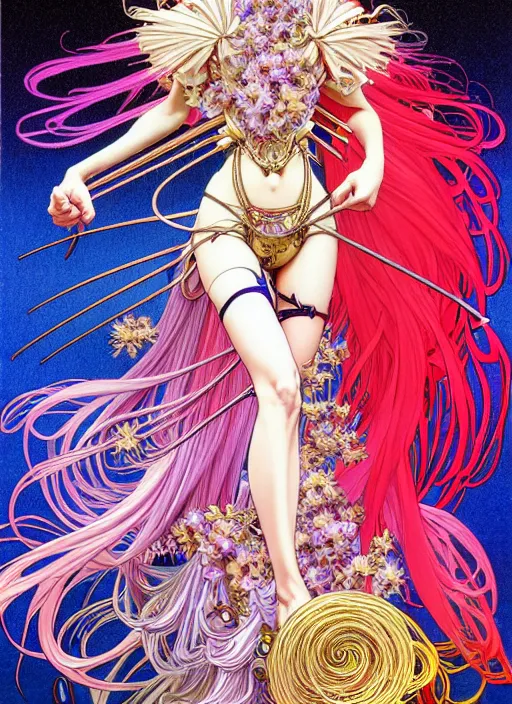 Image similar to highly detailed hajime sorayama terada katsuya artstation manga poster of witch mechine, rainbow gradient reflection bloom, long hair, armor, dress, laces, ruffles, 8 k, maximalist, ayami kojima, alphonse mucha