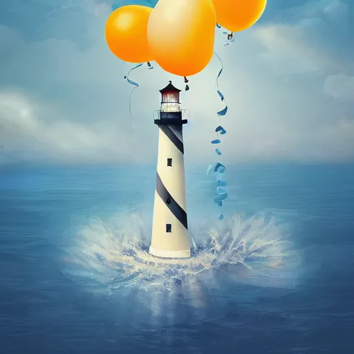 Prompt: a lot of floating birthday balloons. beautiful sea with a lighthouse that looks like a candle. digital art, highly - detailed, artstation cgsociety masterpiece