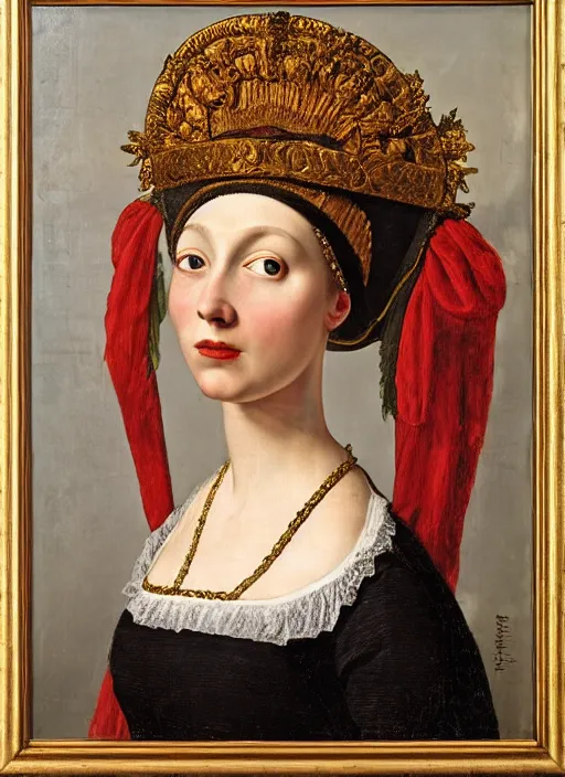 Image similar to portrait of young woman in renaissance dress and renaissance headdress, art by adolf ziegler