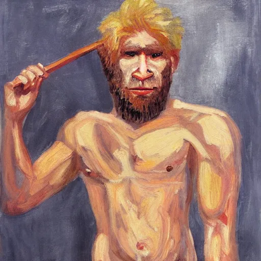 Prompt: a sexy blonde neanderthal man painting