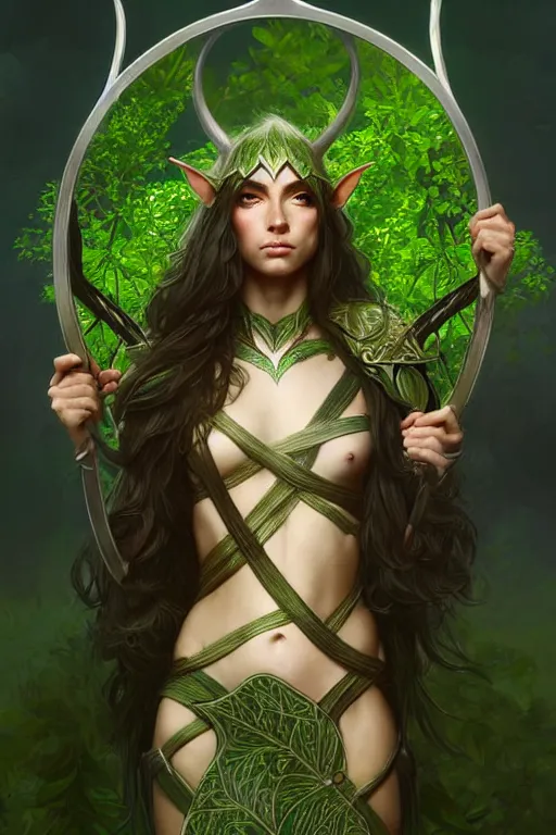 Image similar to male elven Archer armor made of green leaves, fantasy, amber eyes, face, long hair, intricate, elegant, highly detailed, digital painting, artstation, concept art, smooth, sharp focus, illustration, art by artgerm and greg rutkowski and alphonse mucha