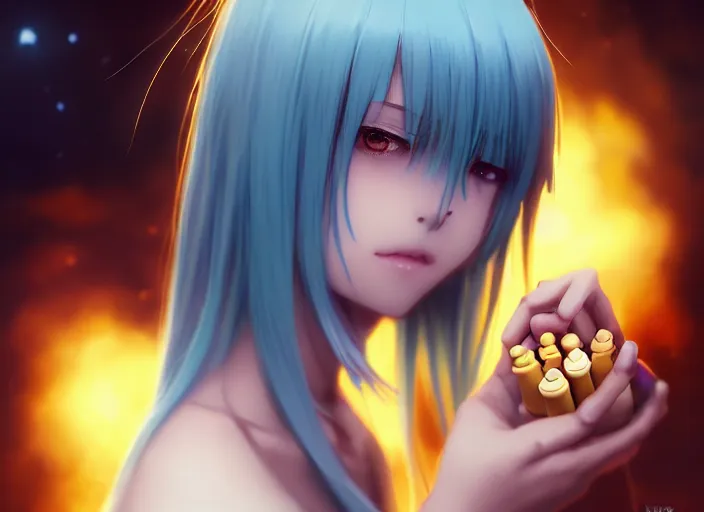 Image similar to rimuru playing chess, with amber eyes of gold color, straight hair, sky blue hair, long bangs, high collar, concept art, award winning photography, digital painting, cinematic, by wlop, anime key visual, wlop, 8 k, by ross tran, tom bagshaw, andy warhol