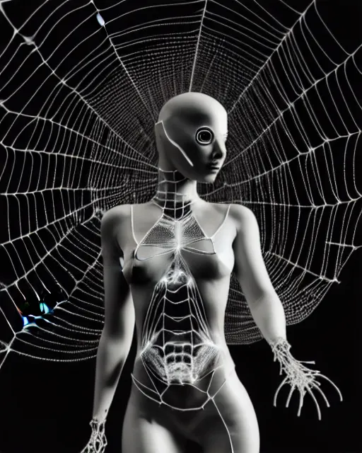 Image similar to black and white cyborg-plant goddess high quality photo, artificial intelligence, bio-mechanical bio-luminescence, artificial spider web, neurons, nerve cells, octane render, cinematic, rim light, hyper realism, photo-realistic, high detail, 8k, in the style of Steven Meisel and Dora Maar and H.G. Giger