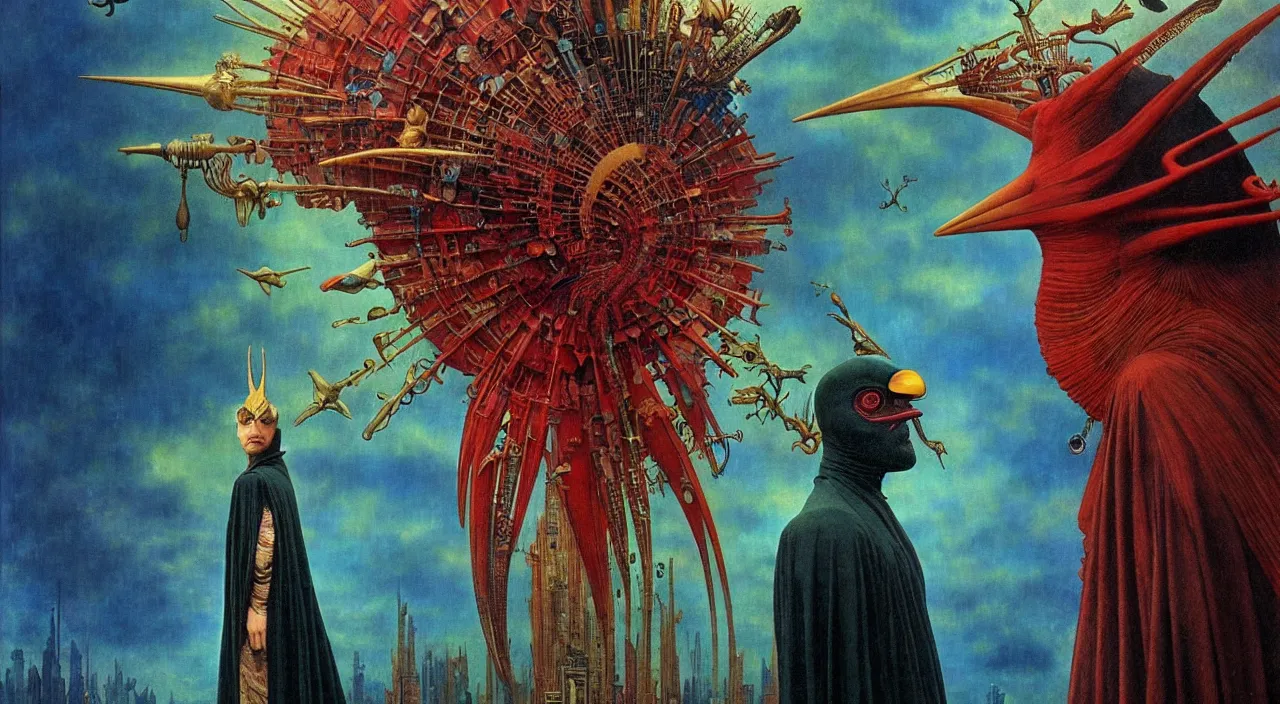 Image similar to realistic detailed portrait movie shot of a birdman wearing dark robes, sci fi city landscape background by denis villeneuve, amano, yves tanguy, alphonse mucha, ernst haeckel, max ernst, roger dean, masterpiece, rich moody colours, blue eyes, occult