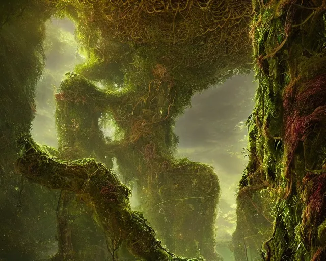 Prompt: The temple of infinite stones, overgrown with vines and moss, thick and rich vines hanging down from the ceiling of the temple, lush plants, amazing scale and lighting, digital art, trending on Artstation
