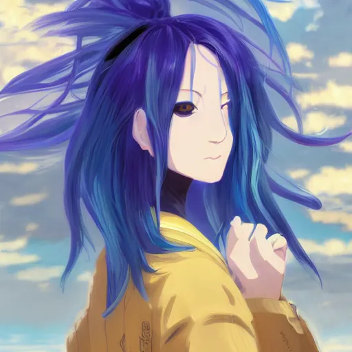 Image similar to profile shot of rimuru tempest, sky blue hair, ponytail, long bangs, gold eyes, black jacket with white stripes and a high collar, highly detailed, roman city, professional art, concept art, stock photo, cinematic, wlop | art by pixiv, ilya kuvshinov, greg rutkowski, yoshitaka amano