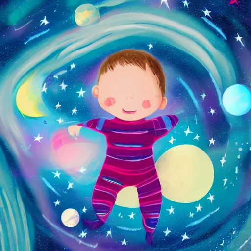 Image similar to lonley and gloomy baby in middle of space surrounded by colorful stars planets and galaxies, grainy design, high quality, 4 k, high details, smooth fucos, award winning, artstation