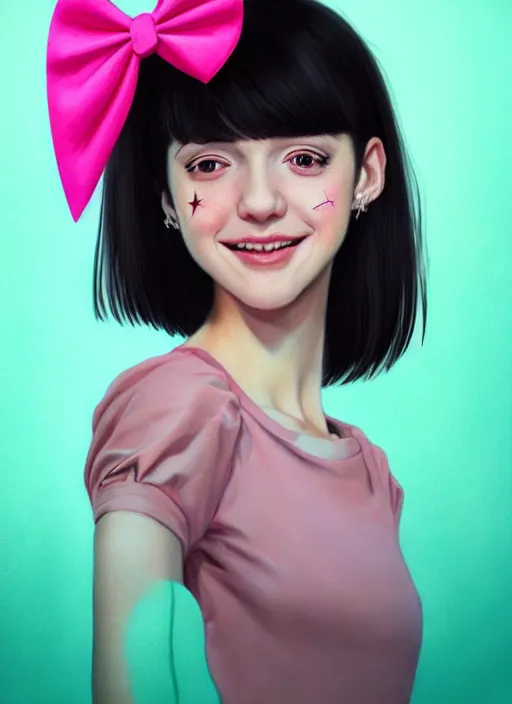 Image similar to portrait of high school girl, realistic, black hair, bangs, half updo hairstyle, pointy nose, skinny, smile, ugly, defined jawline, big chin, pink hair bow, earrings, intricate, elegant, glowing lights, highly detailed, digital painting, artstation, sharp focus, illustration, art by wlop, mars ravelo and greg rutkowski