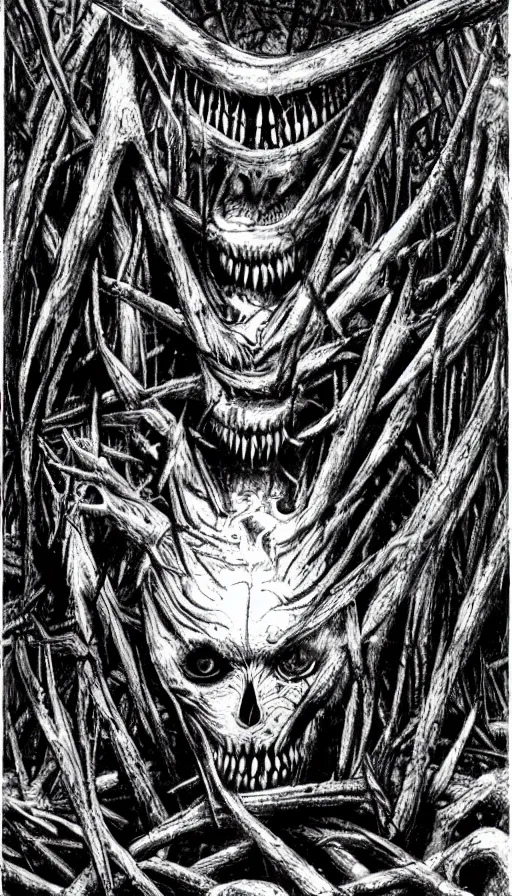 Prompt: a storm vortex made of many demonic eyes and teeth over a forest, by hr giger