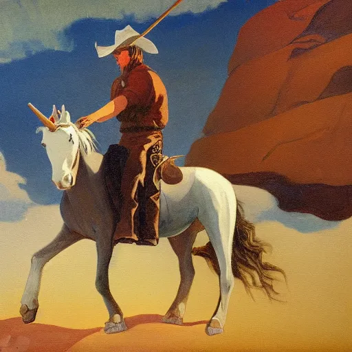 Image similar to a painting of a cowboy riding a unicorn in the style of n. c. wyeth.